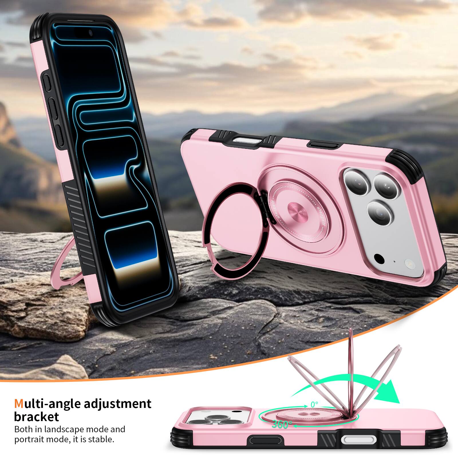 Multi-angle adjustment bracket  
Both in landscape mode and portrait mode, it is stable.  
360°