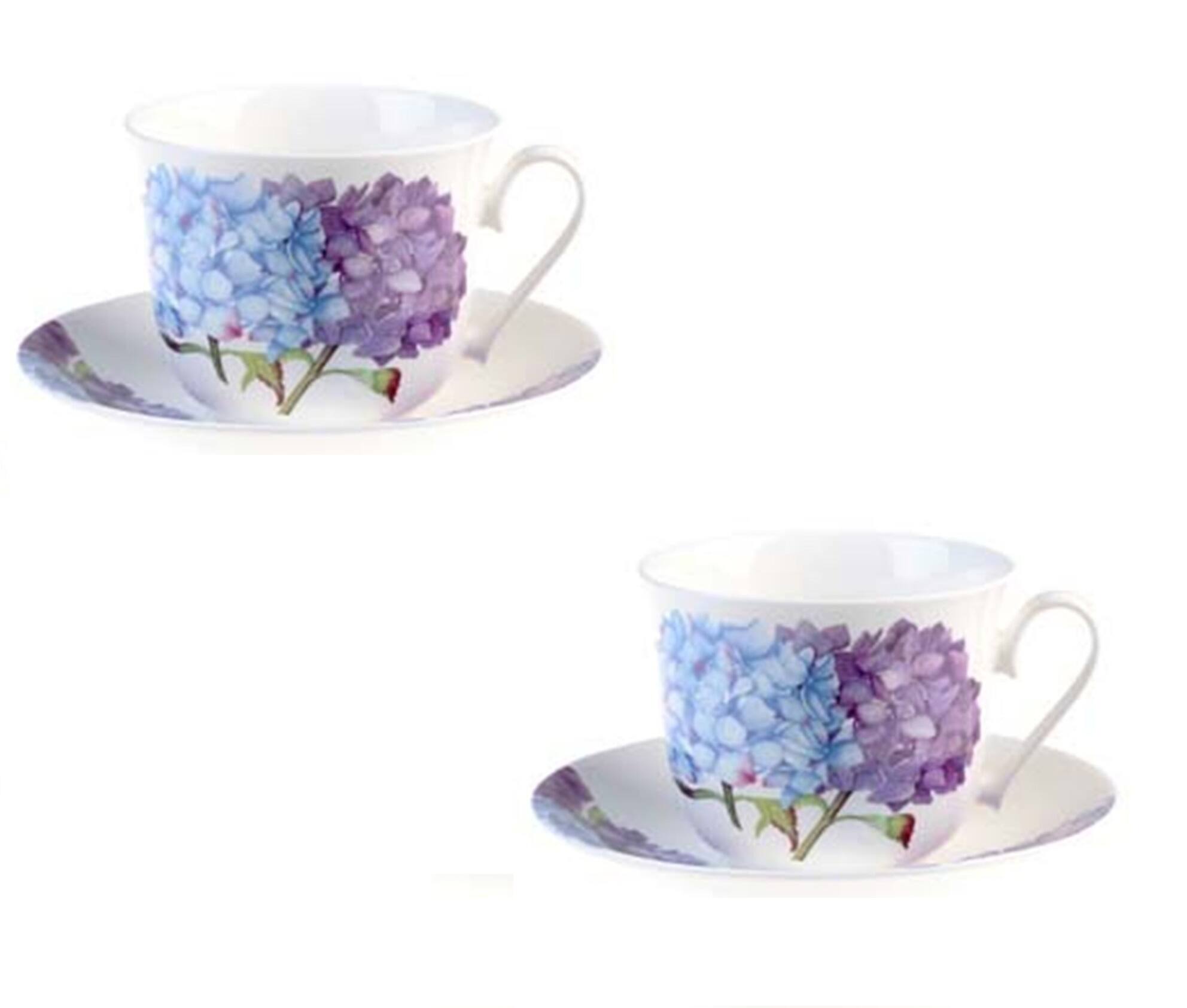 Angle. Jiallo - Roy Kirkham Breakfast Cup/Saucer - Hydrangea Set of 2, Bone China Ceramic Made in England - Mutli color.