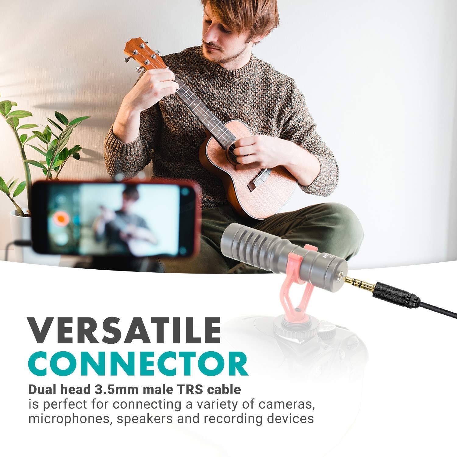 VERSATILE CONNECTOR

Dual head 3.5mm male TRS cable is perfect for connecting a variety of cameras, microphones, speakers and recording devices