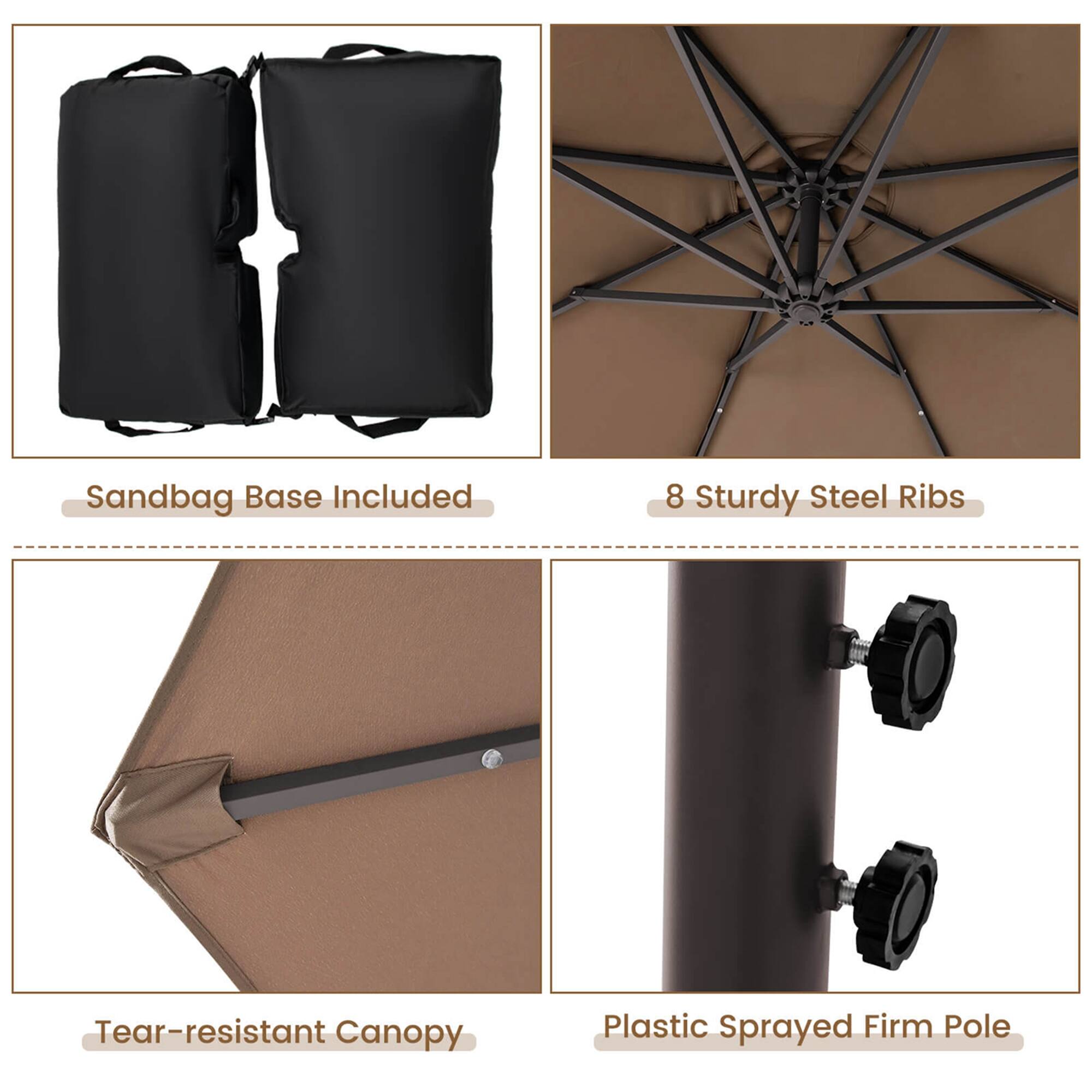 The image shows a collection of items, including a sandbag base, a canopy, and a pole. The sandbag base is designed to be included with the canopy, providing additional stability and support. The canopy itself is made of tear-resistant material, ensuring durability and long-lasting use. The pole is made of plastic, which is sprayed with a firm coating to enhance its strength and stability. These items are likely used for outdoor activities or events, providing shelter and support to users.