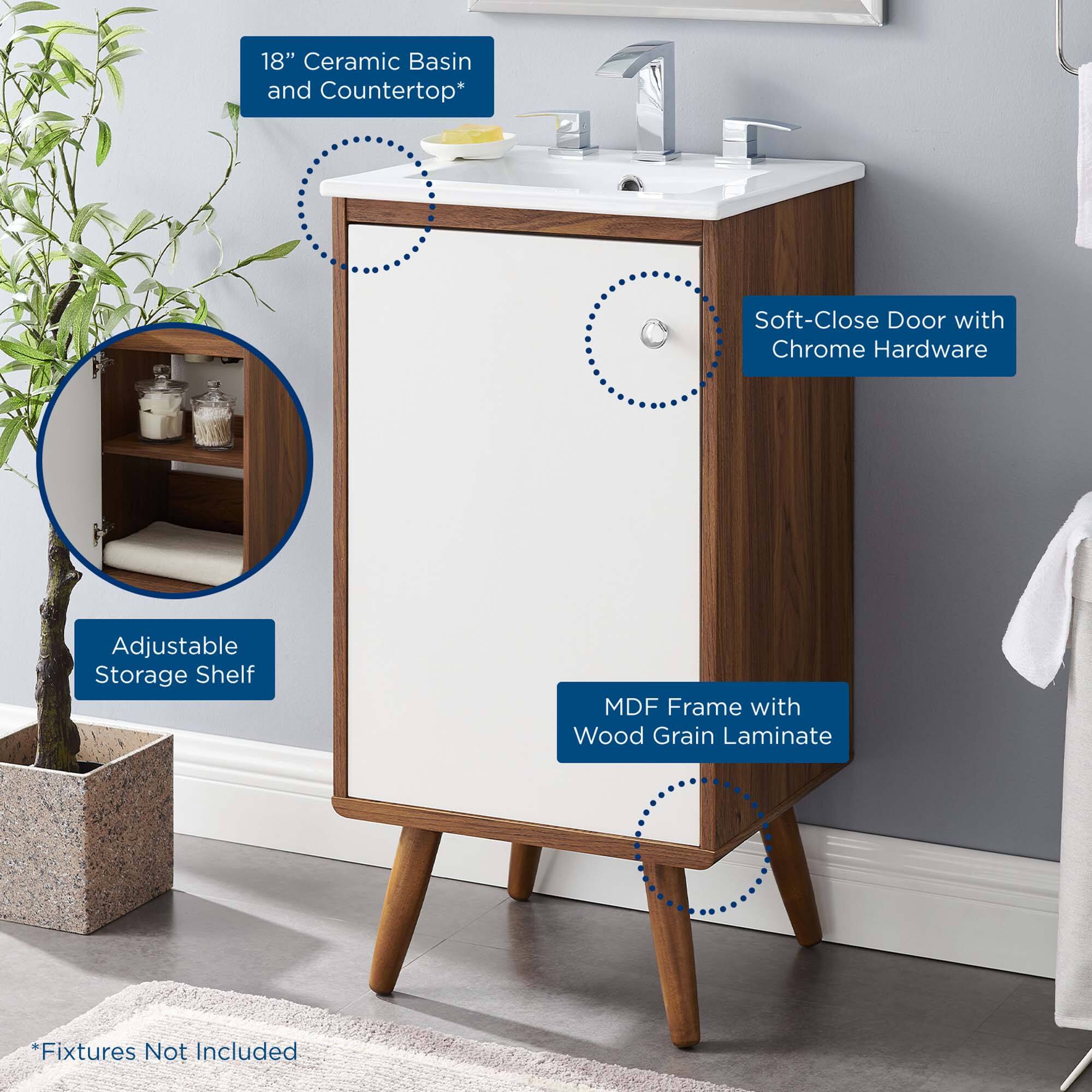 18" Ceramic Basin and Countertop*  
Soft-Close Door with Chrome Hardware  
Adjustable Storage Shelf  
MDF Frame with Wood Grain Laminate  
*Fixtures Not Included