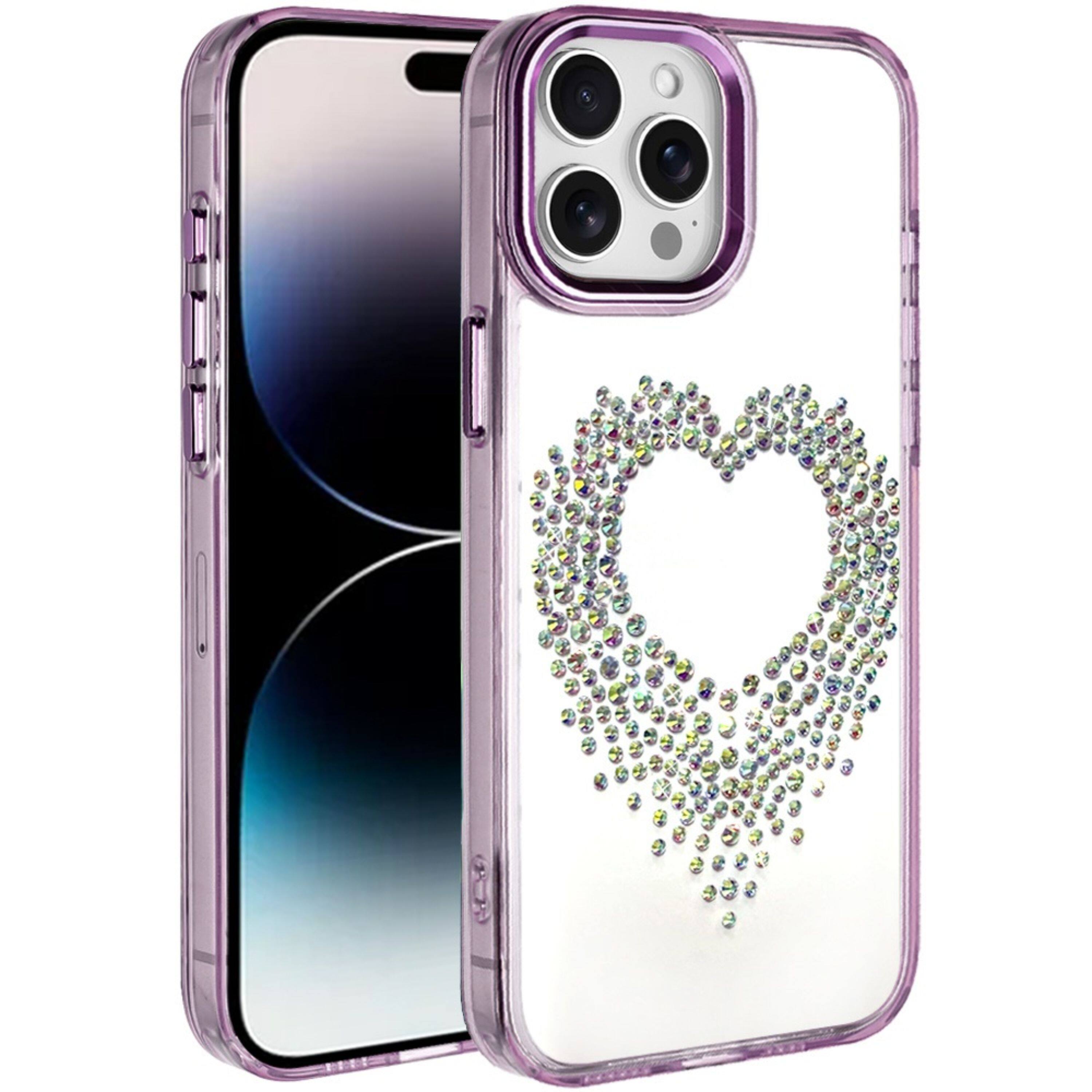Angle. Kitcheniva - Heart-Shaped Rhinestone Chrome Phone Cover For iPhone 14 Pro Max Purple - Purple.
