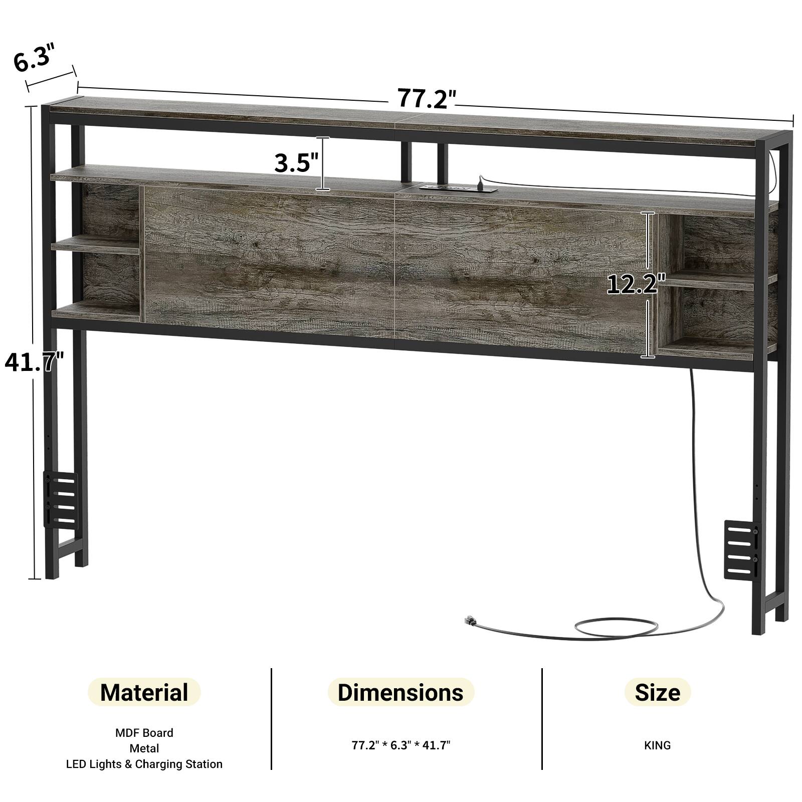 6.3"  
77.2"  
3.5"  
12.2"  
41.7"  
7"  

Material:  
- MDF Board  
- Metal  
- LED Lights & Charging Station  

Dimensions:  
- 77.2" x 6.3" x 41.7"  

Size:  
- KING