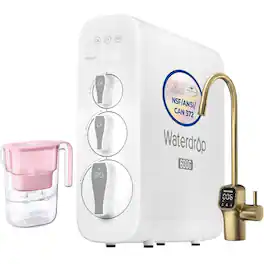 Waterdrop - G3P600 Tankless Reverse Osmosis Under-Sink Water Filter System, 600 GPD, Gold Smart LED Faucet, Extra PT-05P Pitcher - White