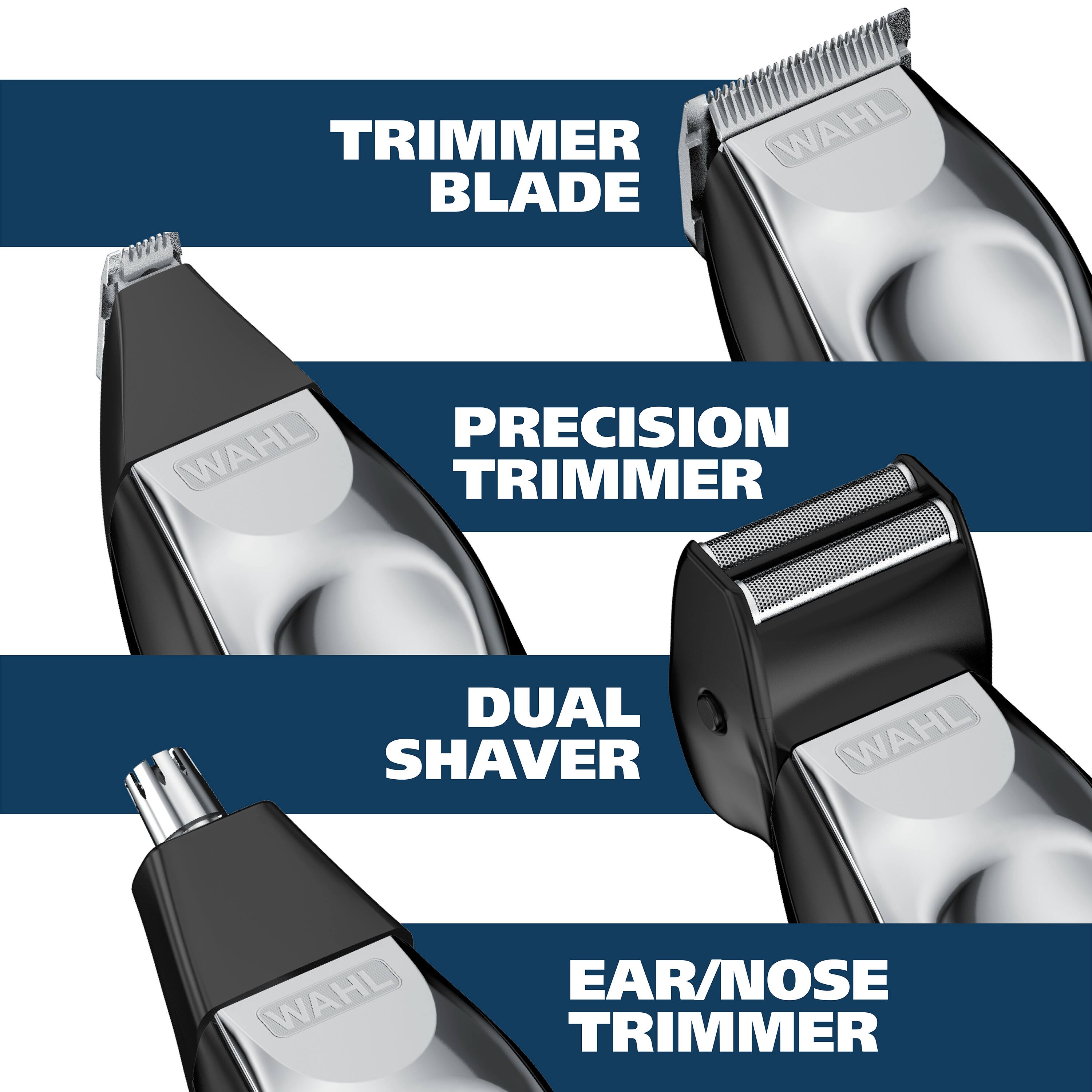 The image features a series of trimmers, including a Wahl blade trimmer, a precision trimmer, a dual shaver, and an ear/nose trimmer. Each trimmer is designed for a specific purpose, such as trimming hair, shaving, or grooming delicate areas like the ears and nose. The trimmers are lined up in a row, showcasing their unique features and functions.