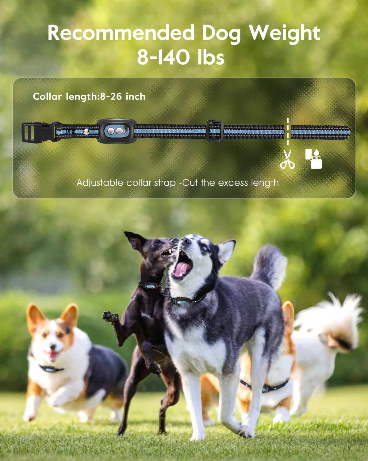 Recommended Dog Weight  
8-140 lbs  

Collar length: 8-26 inch  

Adjustable collar strap - Cut the excess length