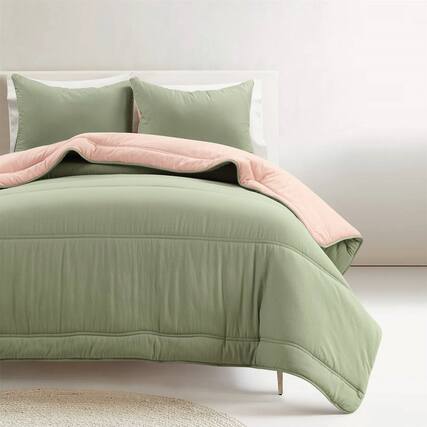 Front. Hivvago - Twin/XL Soft Lightweight Reversible Quilted Comforter Set in Green/Pink - Green/Pink.
