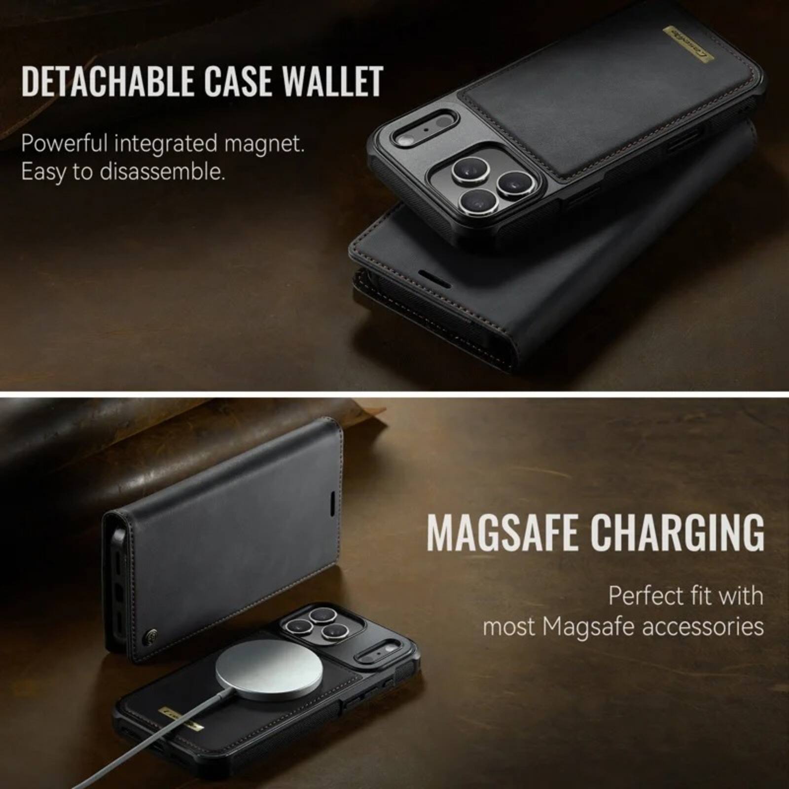 DETACHABLE CASE WALLET  
Powerful integrated magnet.  
Easy to disassemble.  

MAGSAFE CHARGING  
Perfect fit with most MagSafe accessories