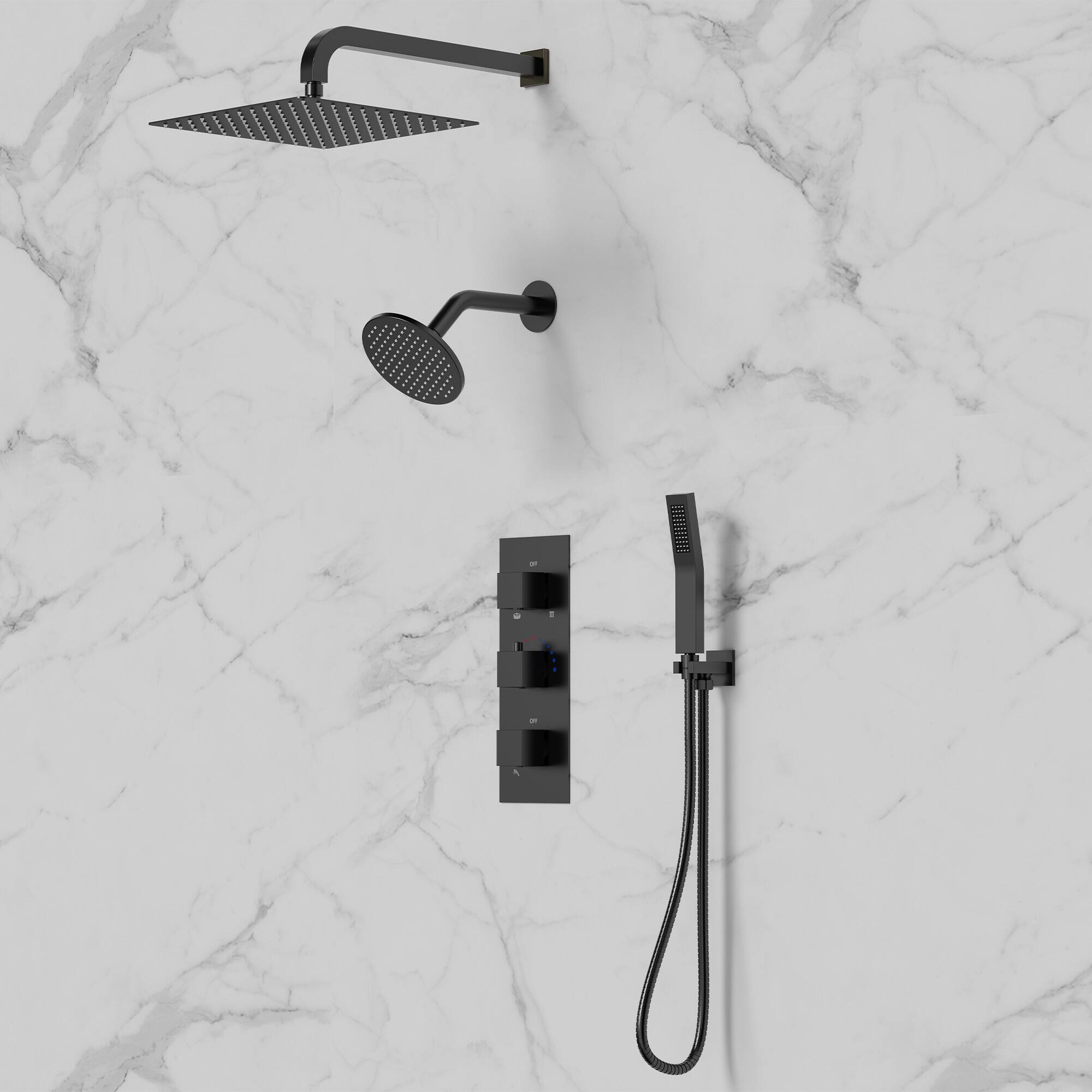 Angle. GRANDJOY - Thermostatic Dual Shower Faucet Kit with 10" Overhead Rain Shower and 59" Stainless Hose Handheld Shower Head - Matte Black.