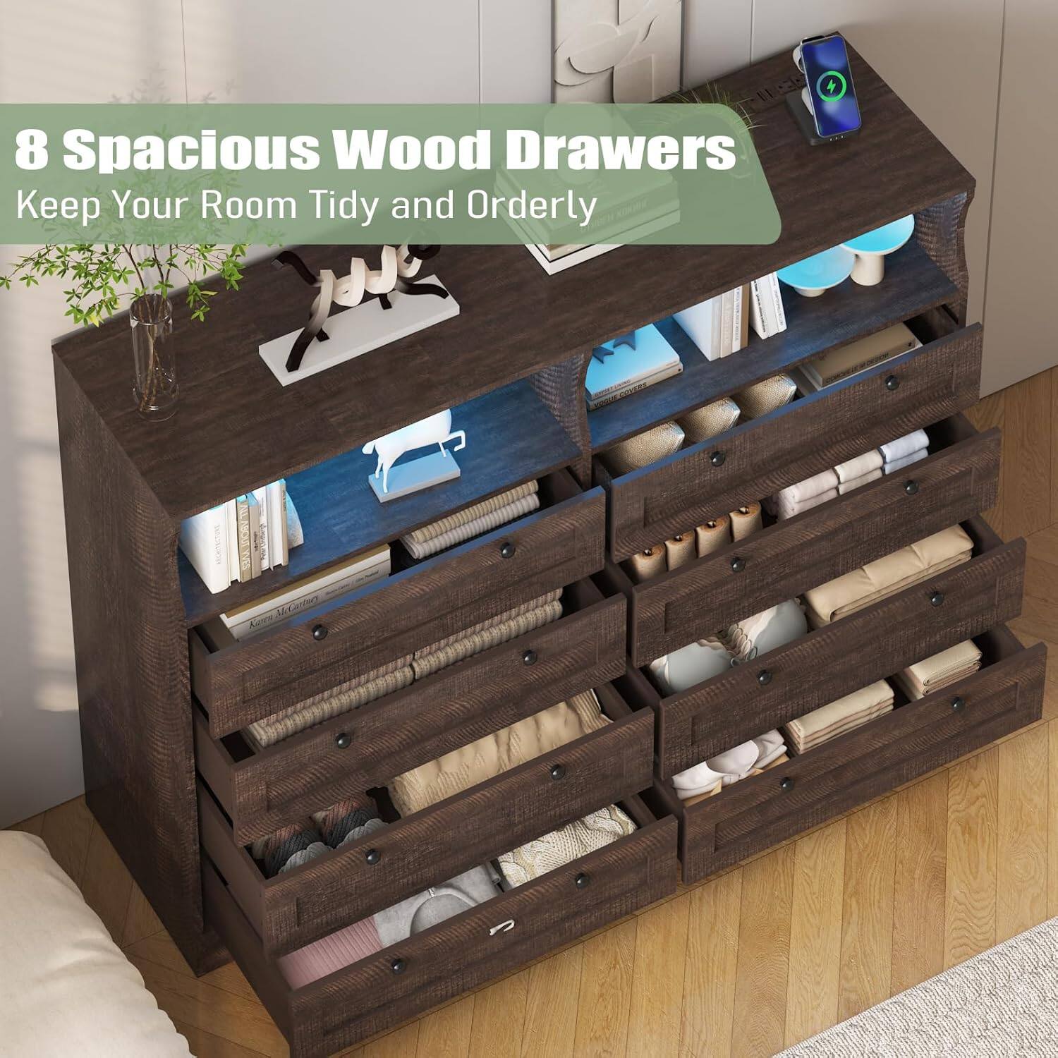 8 Spacious Wood Drawers  
Keep Your Room Tidy and Orderly