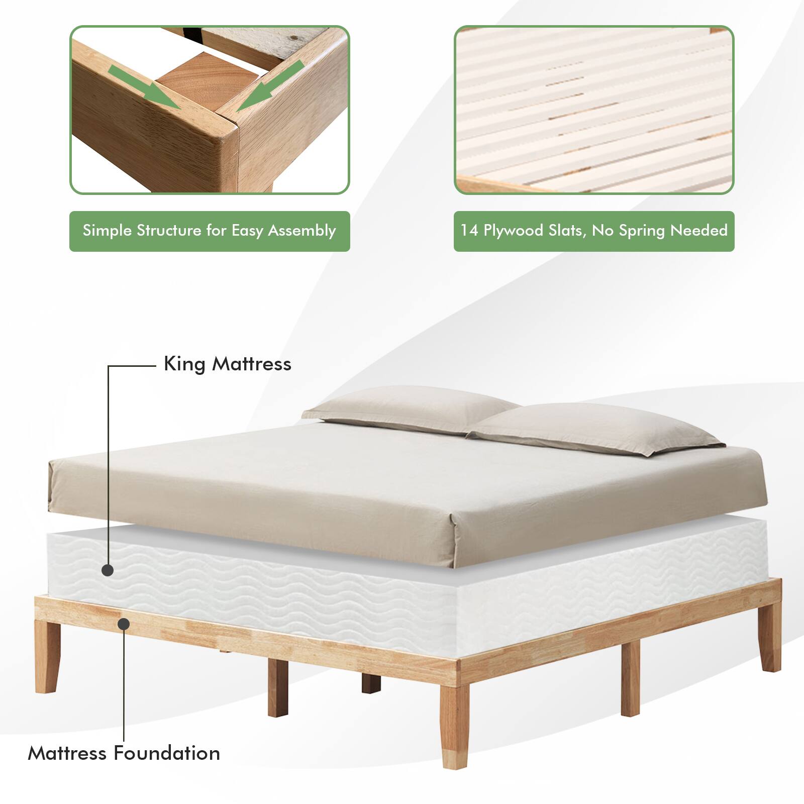 Simple Structure for Easy Assembly, 14 Plywood Slats, No Spring Needed, King Mattress, Mattress Foundation