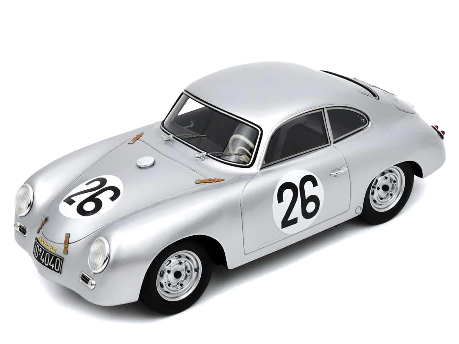 Angle. Spark - Porsche 356 #26 Max Nathan - Helmut 'Helm' Glockler Porsche KG 24 Hours of Le Mans (1956) with Acrylic Display Case 1/18 - Silver.