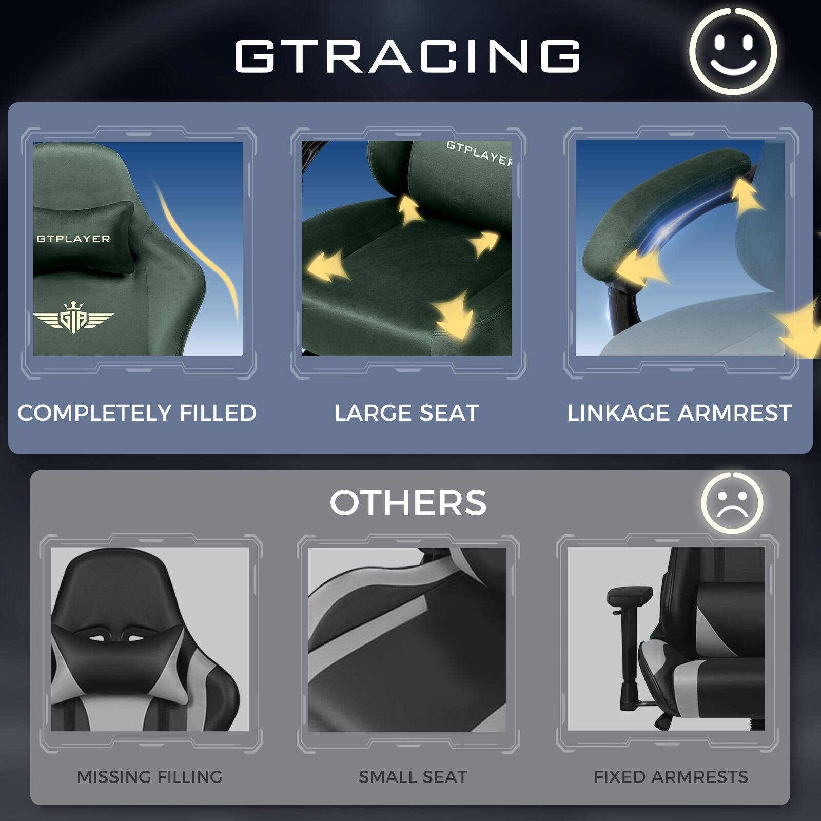 GTRACING GTPLAYER COMPLETELY FILLED LARGE SEAT LINKAGE ARMREST OTHERS MISSING FILLING SMALL SEAT FIXED ARMRESTS