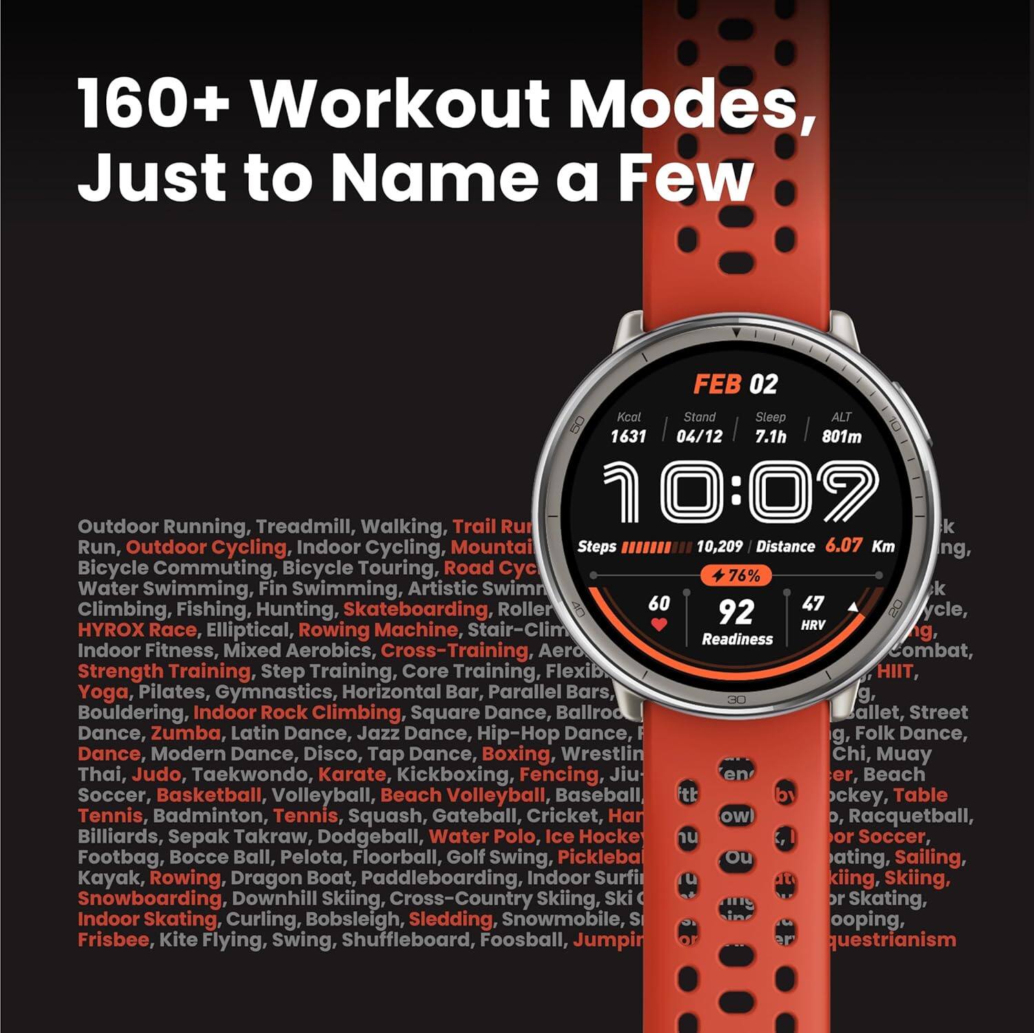 160+ Workout Modes, Just to Name a Few FEB 02 Kcol Stand Sleep 10:09 Outdoor Running, Treadmill, Walking, Trail Running, Outdoor Cycling, Indoor Cycling, Mountai Steps 10,209 Distance 6.07 Km 76% Water Swimming, Fin Swimming, Artistic Swimming Climbing, Fishing, Hunting, Skateboarding Roller 60 47 ycle, 92 HRV HYROX Race, Elliptical, Rowing Machine, Stair-Climbing, Readiness Indoor Fitness, Mixed Aerobics, Cross-Training, Aero Combat, Strength Training, Step Training, Core Training, Flexibility HIIT, Yoga, Pilates, Gymnastics, Horizontal Bar, Parallel Bars, Indoor Rock Climbing, Square Dance, Ballroom, Street Dance, Zumba, Latin Dance, Jazz Dance, Hip-Hop Dance, Folk Dance, Dance, Modern Dance, Disco, Tap Dance, Boxing, Wrestling, Chi, Muay Thai, Judo, Taekwondo, Karate, Kickboxing, Fencing, Jiu-Jitsu, Beach Soccer, Basketball, Volleyball, Beach Volleyball, Baseball, Golf, Tennis, Badminton, Table Tennis, Ping-Pong, Snooker, Pool, Bowling, Curling, Ice Skating, Snowboarding, Skiing, Snowshoeing, Indoor Surfing, Paddleball, Racquetball, Squash, Floorball, Inline Skating, BMX Biking, Mountain Biking, Road Biking, Bicycle Commuting, Bicycle Touring, Road Running, Treadmill Running, Walking, Trail Running, Outdoor Cycling, Indoor Cycling, Mountai Steps, 10,209 Distance, 6.07 Km, 76% Water Swimming, Fin Swimming, Artistic Swimming, Climbing, Fishing, Hunting, Skateboarding, Roller 60, 47 ycle, 92 HRV HYRO