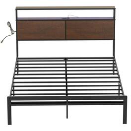 HAUSOURCE - Queen Bed Frame with Storage Headboard Metal Platform Bed with Stopper - Rustic Brown
