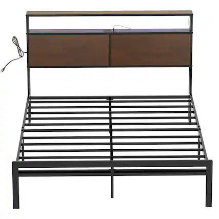 Front. HAUSOURCE - HAUSOURCE Queen Bed Frame with Storage Headboard Metal Platform Bed with Stopper - Rustic Brown.