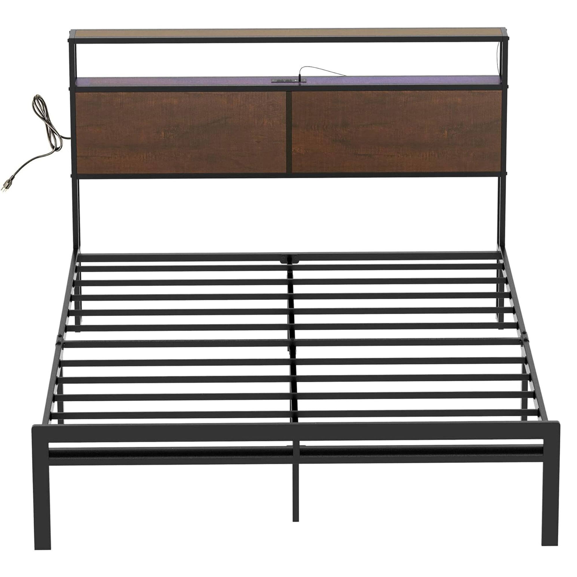 Front. HAUSOURCE - HAUSOURCE Queen Bed Frame with Storage Headboard Metal Platform Bed with Stopper - Rustic Brown.