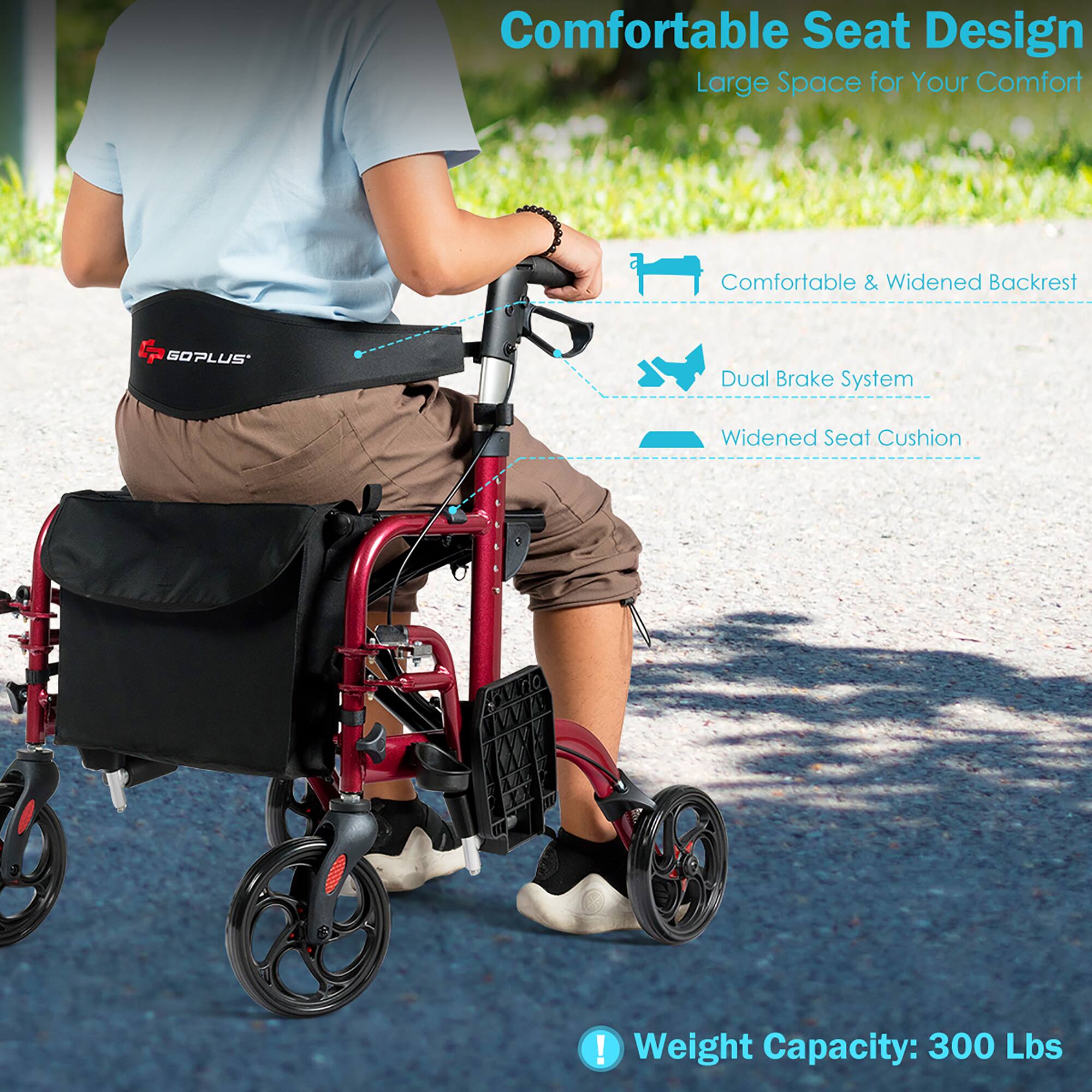 Comfortable Seat Design, Large Space for Your Comfort, Comfortable & Widened Backrest, Dual Brake System, Widened Seat Cushion, Weight Capacity: 300 Lbs