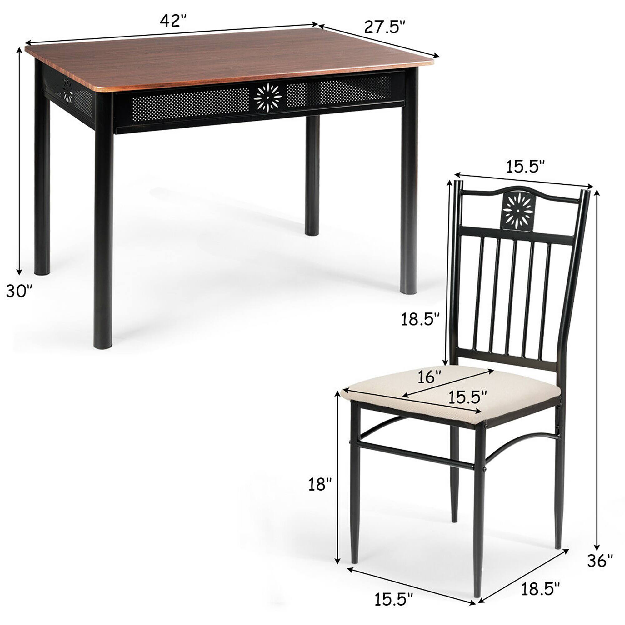 The image shows a wooden table and a chair with measurements. The table is 42 inches long and 27.5 inches wide. The chair is 15.5 inches high, 30 inches wide, and 18 inches deep. The chair also has a 16-inch seat height, a 15.5-inch back height, and an 18-inch armrest height. The table and chair are designed to be 36 inches tall.
