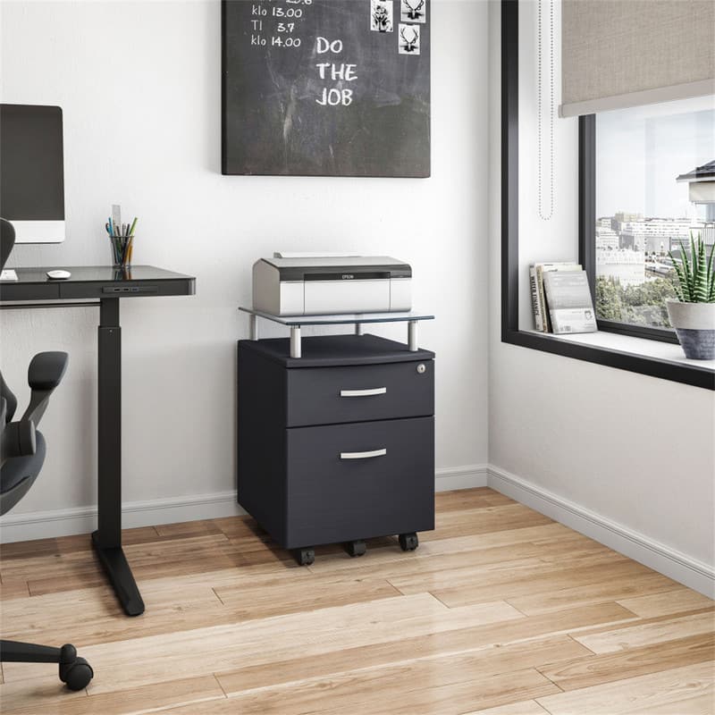 HTUTWOO - Rolling File Cabinet with Glass Top - Locking MDF Filing Cabinet with 2 Drawers, Chrome Non-Marking Wheels - Dark Gray