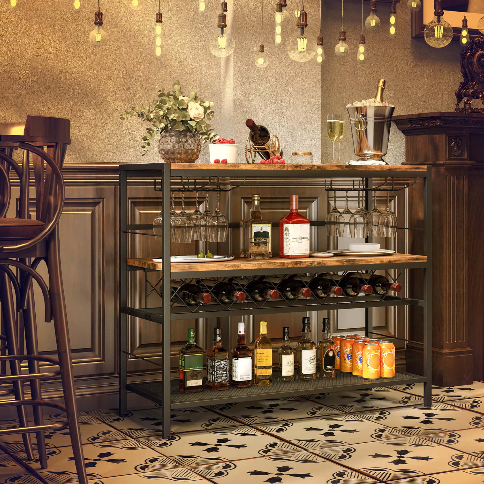 Alt View 3. Costway - Costway 41" Wine Rack with 4 Glass Holders Wide Countertop Middle & Bottom Storage Shelves - Brown.