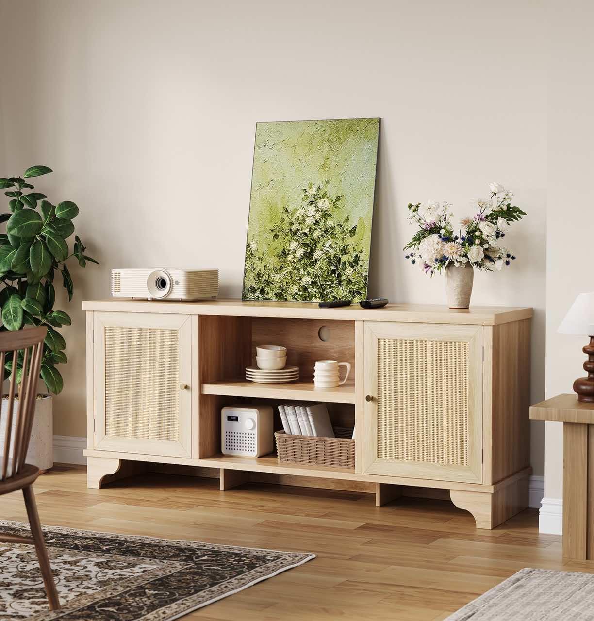 Left. Acekool - Rattan TV Stand for Living Room Modern Entertainment Center for 70" TV Boho Media Console Table with Storage Natural Oak - ‎Oak.