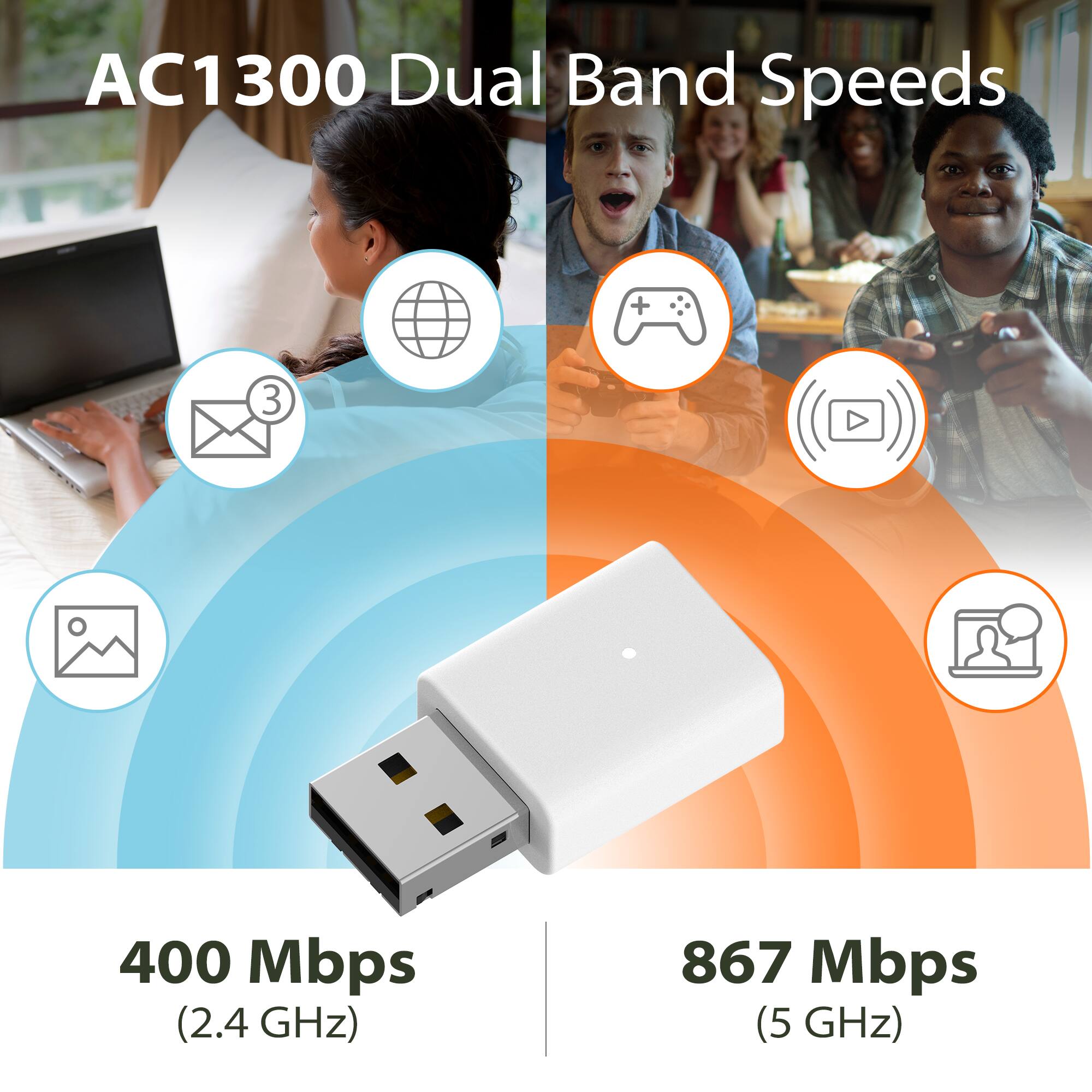 AC1300 Dual Band Speeds

400 Mbps (2.4 GHz)

867 Mbps (5 GHz)