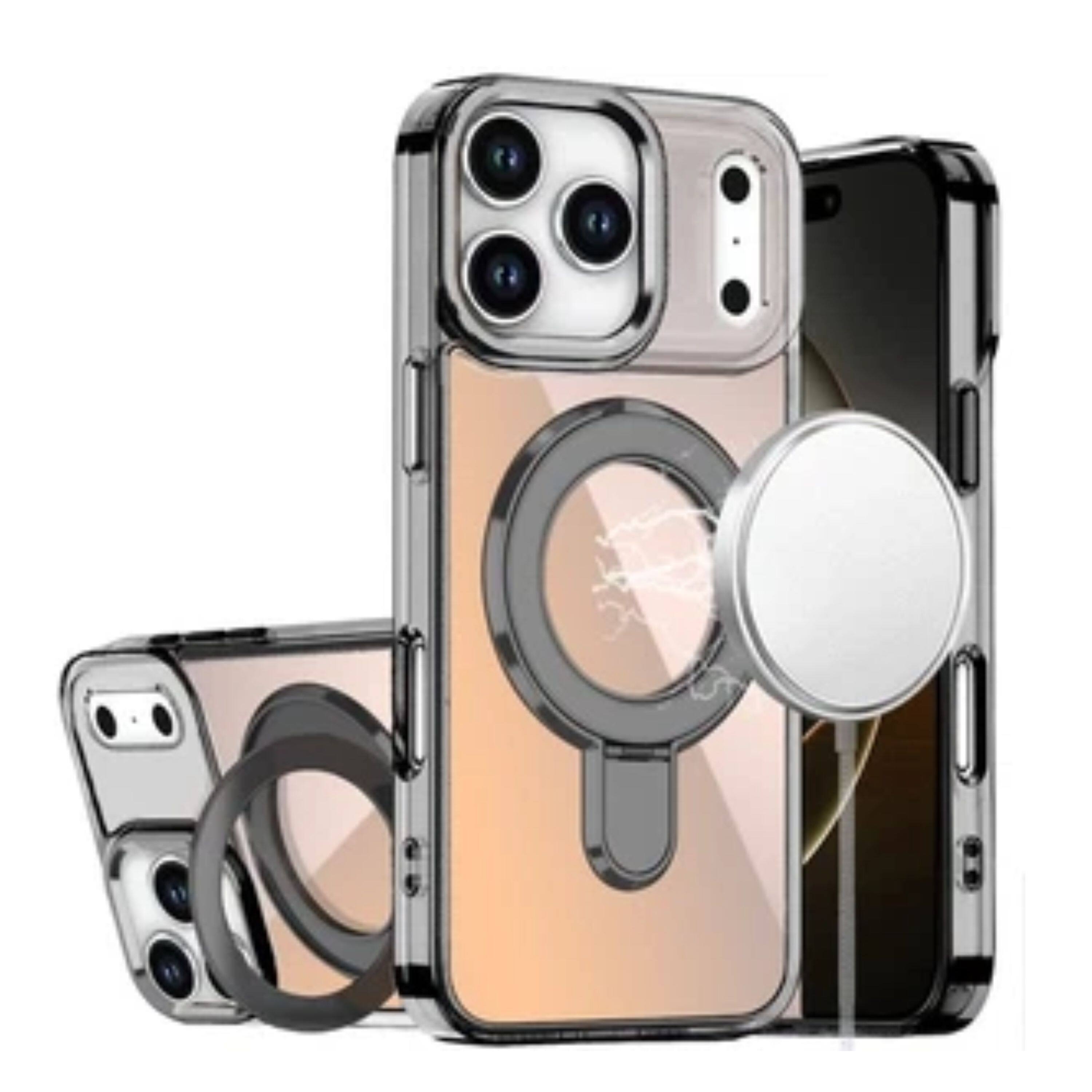 Angle. Kitcheniva - Radiant Chrome Magnetic Circle Stand Phone Case With Tempered Glass For iPhone 17 Pro Max Black - Black.