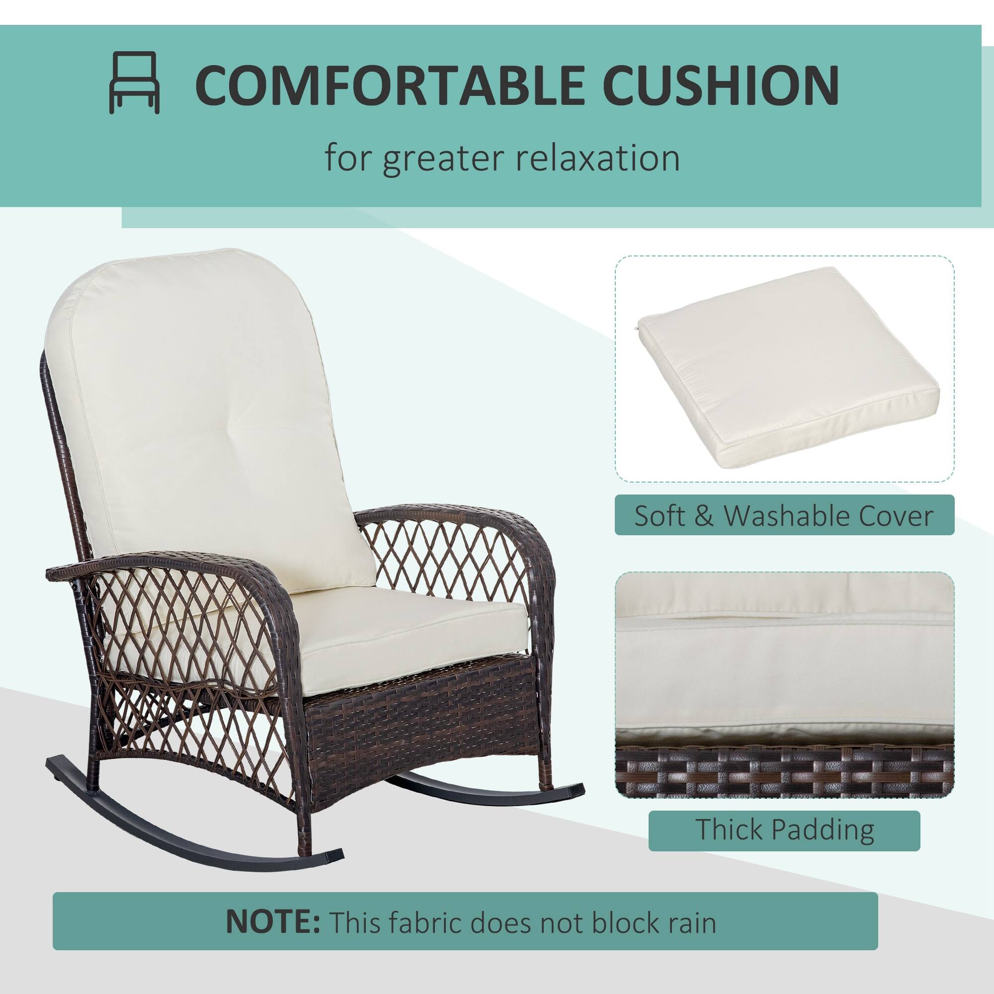 **COMFORTABLE CUSHION**  
for greater relaxation

- Soft & Washable Cover
- Thick Padding

**NOTE:** This fabric does not block rain