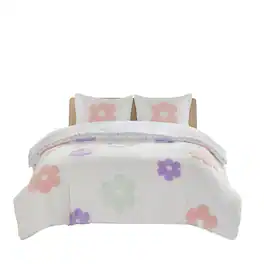 Gracie Mills - Eubert Enchanting Floral Reversible Tufted Chenille Duvet Cover Set - White/Purple