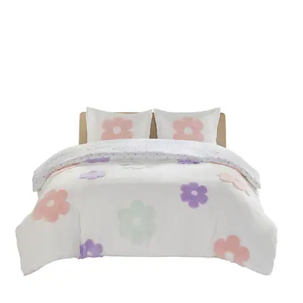 Front. Gracie Mills - Gracie Mills Eubert Enchanting Floral Reversible Tufted Chenille Duvet Cover Set - White/Purple.