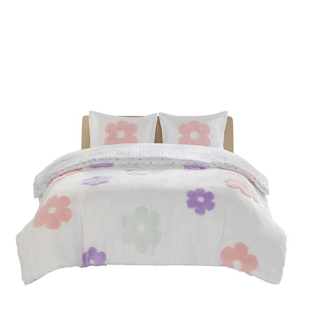 Front. Gracie Mills - Gracie Mills Eubert Enchanting Floral Reversible Tufted Chenille Duvet Cover Set - White/Purple.