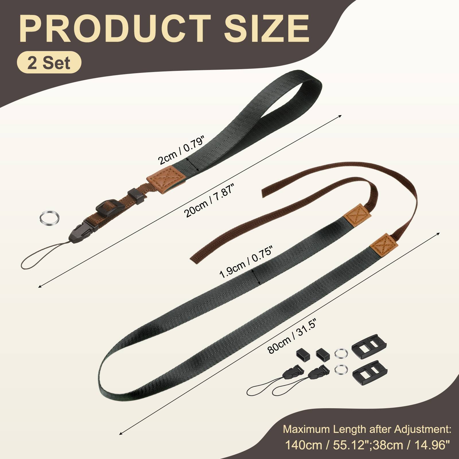 PRODUCT SIZE  
2 Set  

- 2cm / 0.79"  
- 20cm / 7.87"  
- 1.9cm / 0.75"  
- 80cm / 31.5"  

Maximum Length after Adjustment:  
140cm / 55.12"  
38cm / 14.96"