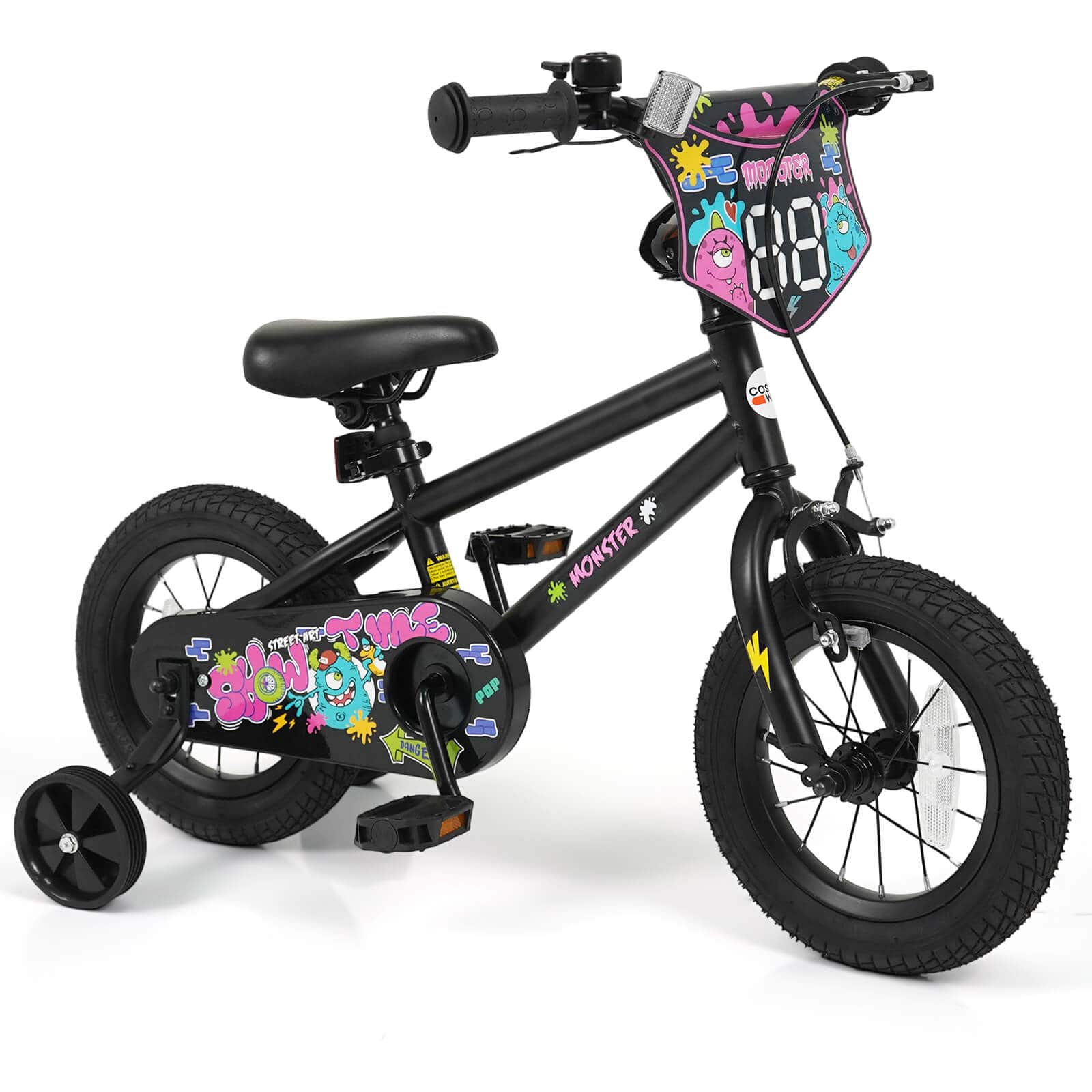 Costway - 12 Inch Kids Bike with Training Wheels, Dual Hand & Coaster Brakes, Adjustable Seat - Black