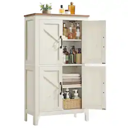 Songmics Home - Farmhouse Storage Cabinet, Bathroom Floor Cabinet with Barn Doors, Freestanding Kitchen Pantry, Adjustable Shelves - Rustic White
