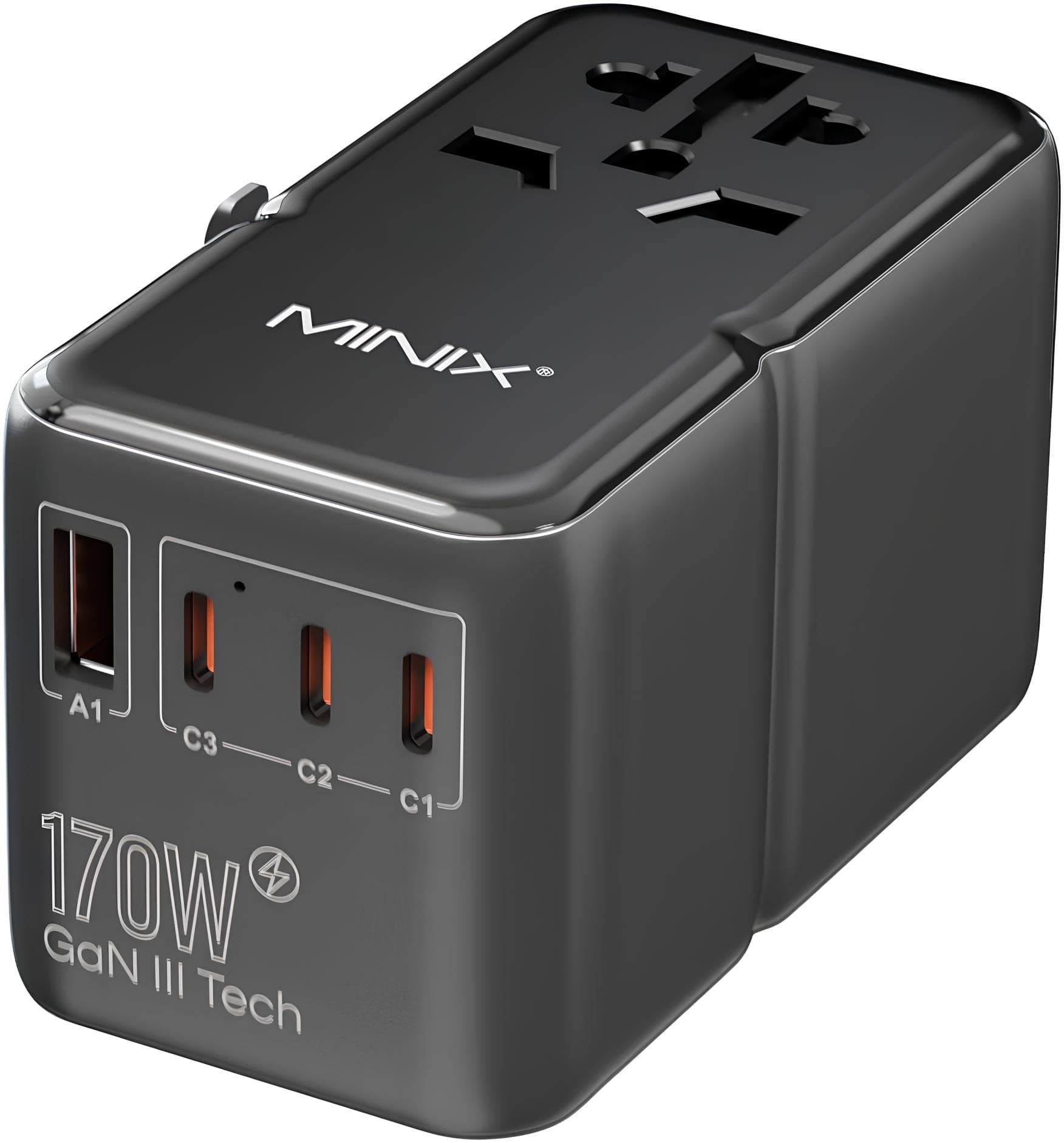 MINIX - TP170 GaN III 170W Travel Adapter with 3 USB-C & 1 USB-A Ports, Compatible with US/UK/EU/AU for Laptops, Tablets, Phones - Black