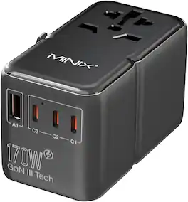 MINIX - TP170 GaN III 170W Travel Adapter with 3 USB-C & 1 USB-A Ports, Compatible with US/UK/EU/AU for Laptops, Tablets, Phones - Black
