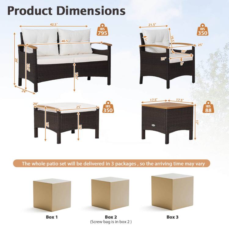 Product Dimensions

- 42.5" x 46.5" x 21.5" (795 lbs)
- 21.5" x 16.5" x 25" (350 lbs)
- 25" x 20" x 29" (23.5 lbs)
- 18.5" x 21" x 3" (24 lbs)
- 20" x 25" x 17.5" (350 lbs)
- 17.5" x 17.5" x 7" (88 lbs)

The whole patio set will be delivered in 3 packages, so the arriving time may vary

Box 1
Box 2 (Screw bag is in box 2)
Box 3