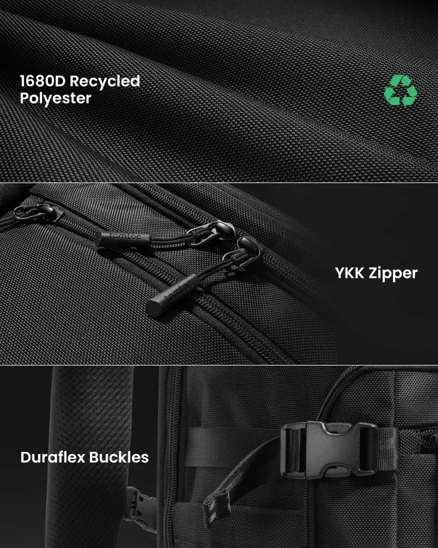 The text on the image is grouped and corrected as follows:

1680D Recycled Polyester YKK Zipper Duraflex Buckles