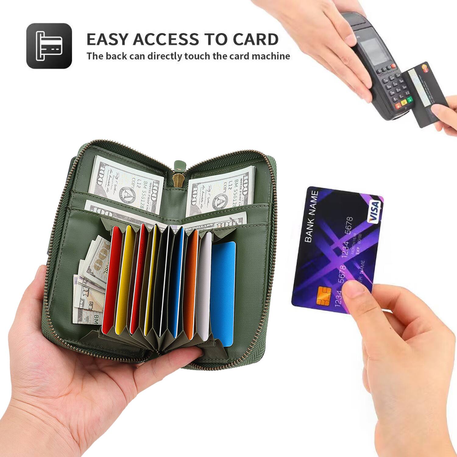 EASY ACCESS TO CARD  
The back can directly touch the card machine

100 100  
COPY LIS BM S56128 MOVIEPROPIN 00  
100 COPY REDDOLLAR  
L12 DM 55612  
FLOURDEBARK 100  
NAME BANK  
5678 1234 5678 1234  
EXP NAME ER  
VISA