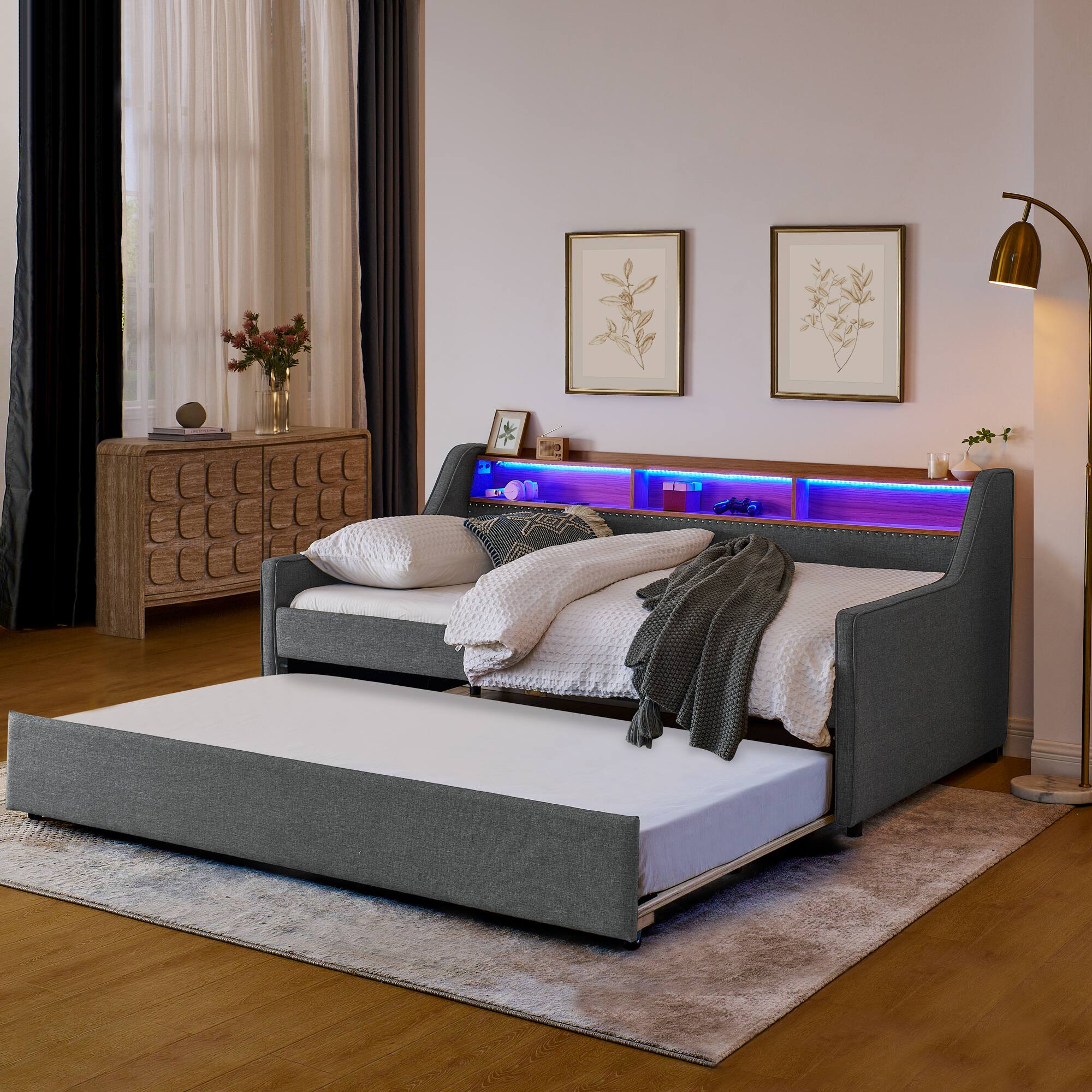 Angle. Anysun - Twin Upholstered Sofa Bed with LED Lights&Storage-Adjustable Headboard, Pull-Up Trundle & Wireless Charging, Linen Frame - Gray.