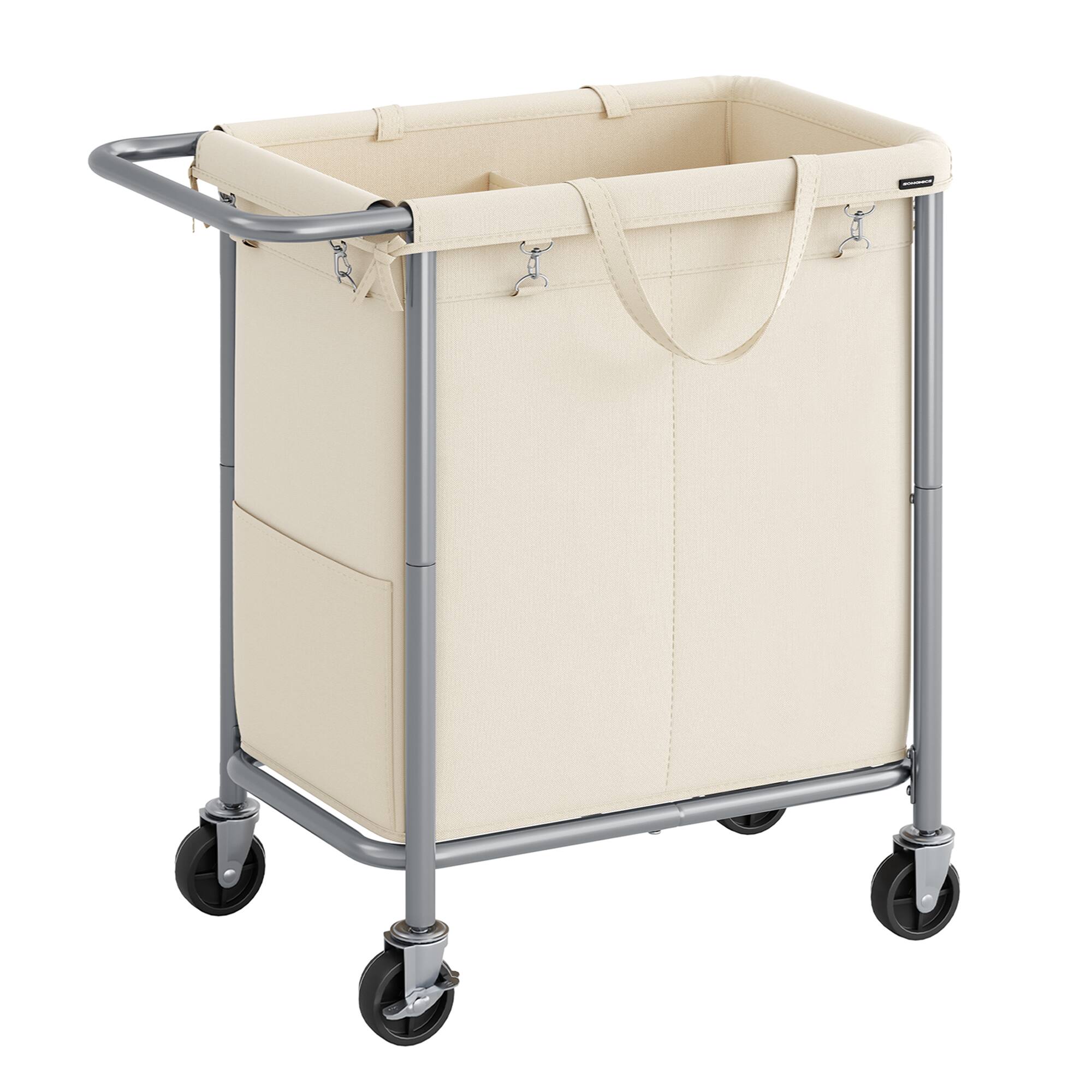 Front. Songmics Home - Laundry Basket with Wheels, 2-Section Rolling Laundry Hamper, 37 Gallons (140 L), Removable Liner - Cream White.