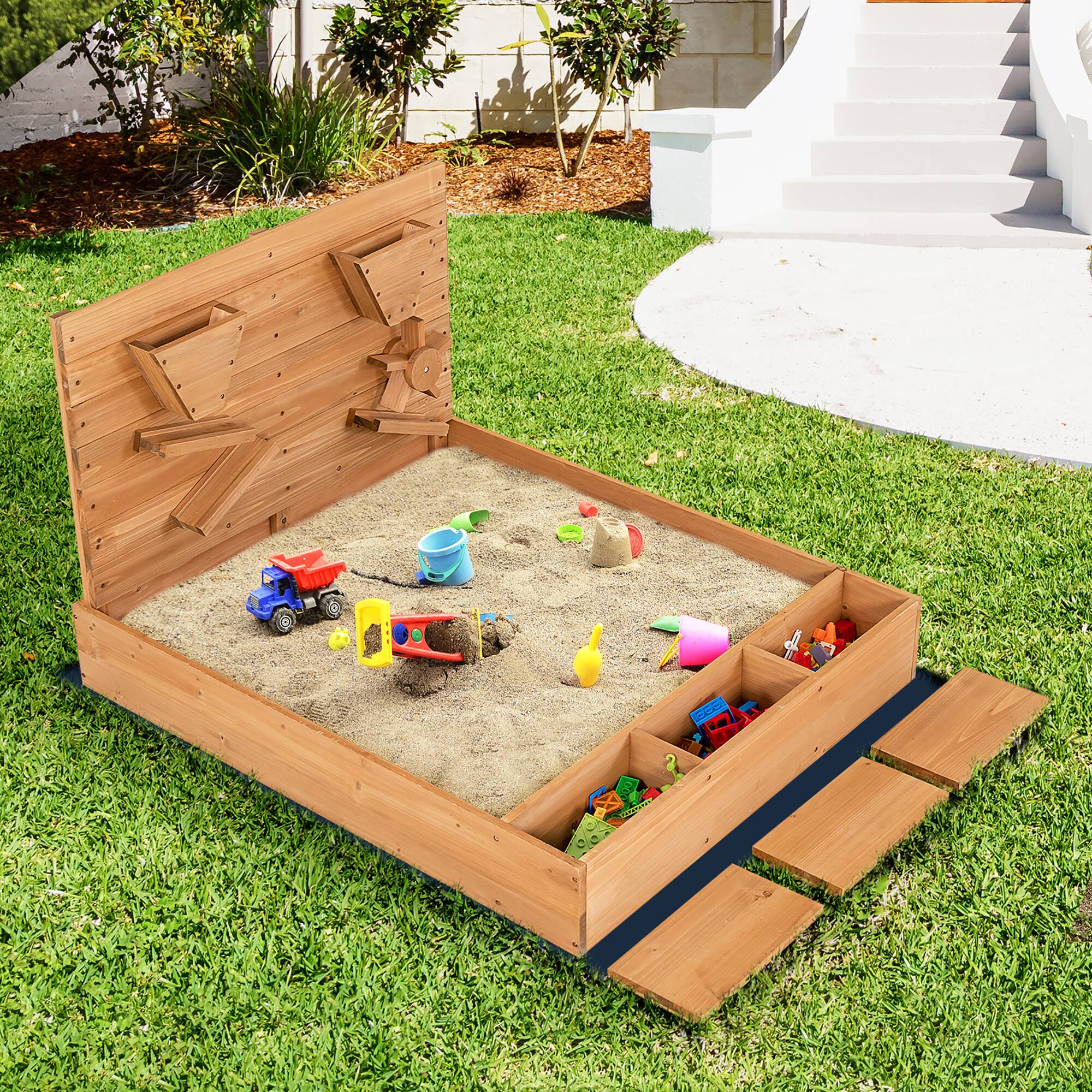 Alt View 1. Costway - Costway Wooden Sandbox w/ Sand Wall & Cover & Bottom Liner for Kids Outdoor - Natural.