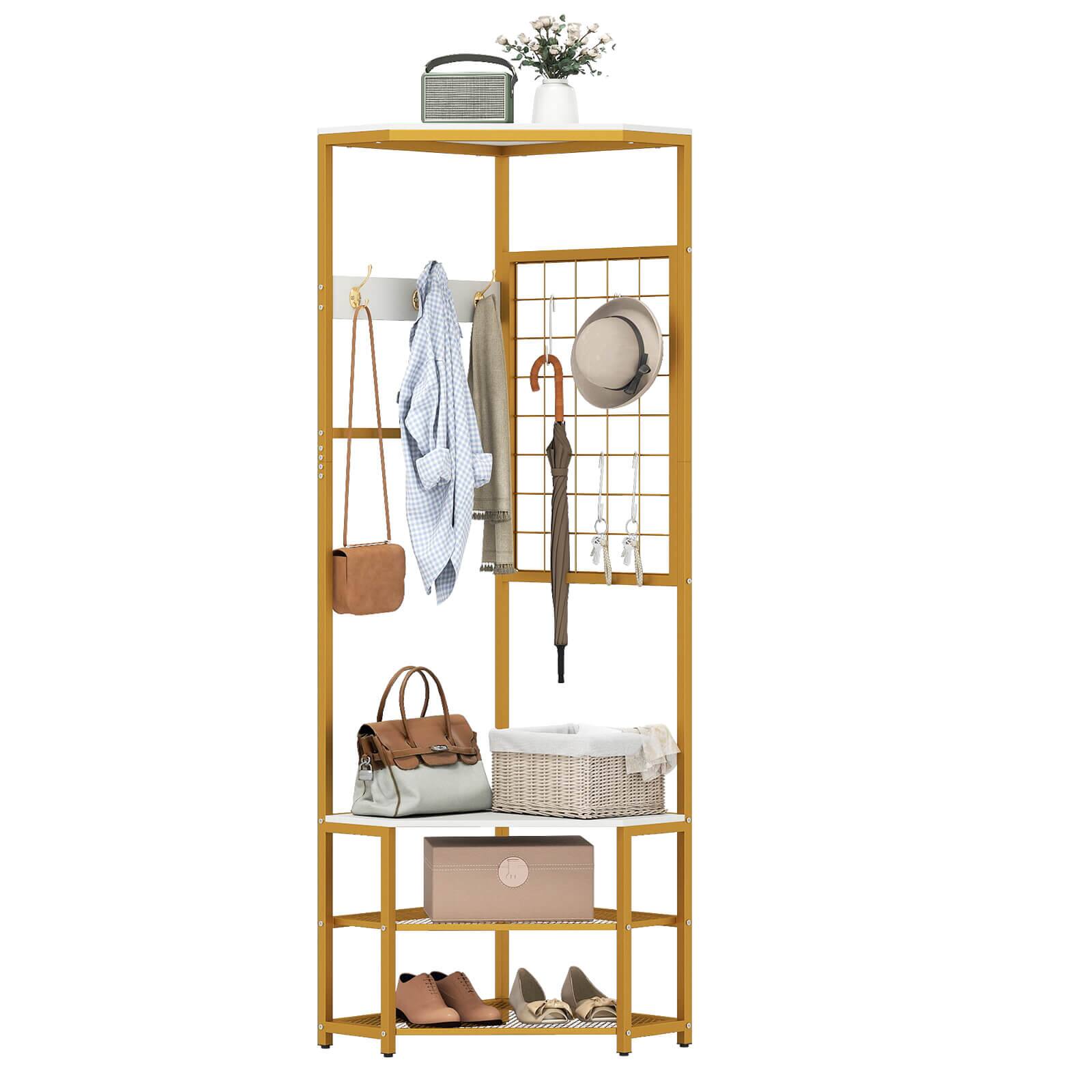 Alt View 9. Costway - Costway Corner Hall Tree, Freestanding Coat Rack with Storage Shelves & Removable Hooks - Gold + White.