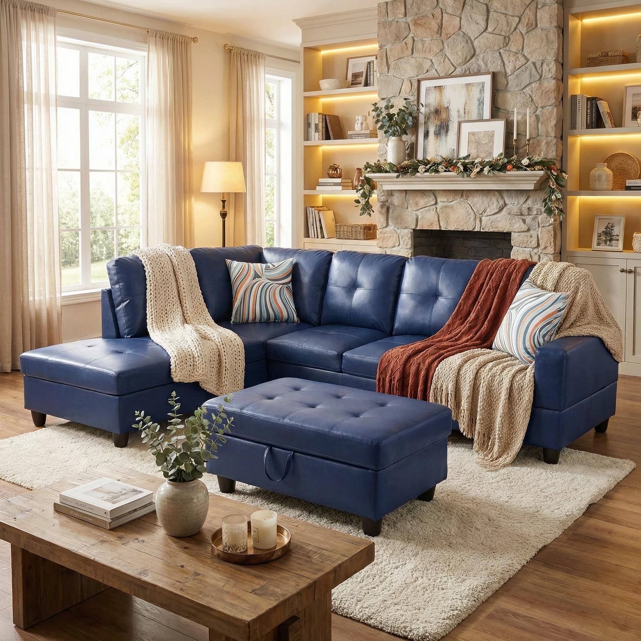 Alt View 3. Boyel Living - Premium Semi PU Upholstered Sofa Solid Wood Frame Double Spring with Left Chaise Lounge - Royal Blue.
