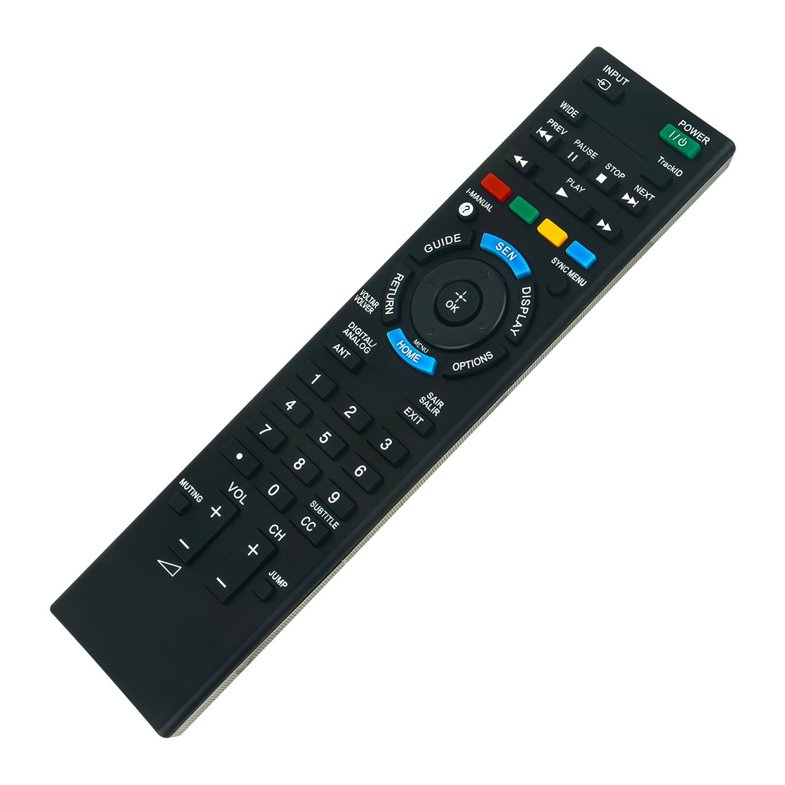 INPUT WIDE PREV 110 POWER 11 PAUSE STOP TrackID PLAY NEXT ? I-MANUAL GUIDE SEN SYNCMENU SYNC VOLVER RETURN OK DISPLAY ANT DIGITALI HOME MENU OPTIONS 1 4 2 EXIT SAIR 7 5 3 8 6 MUTING VOL 0 9 CH CC SUBTITLE I + I JUMP