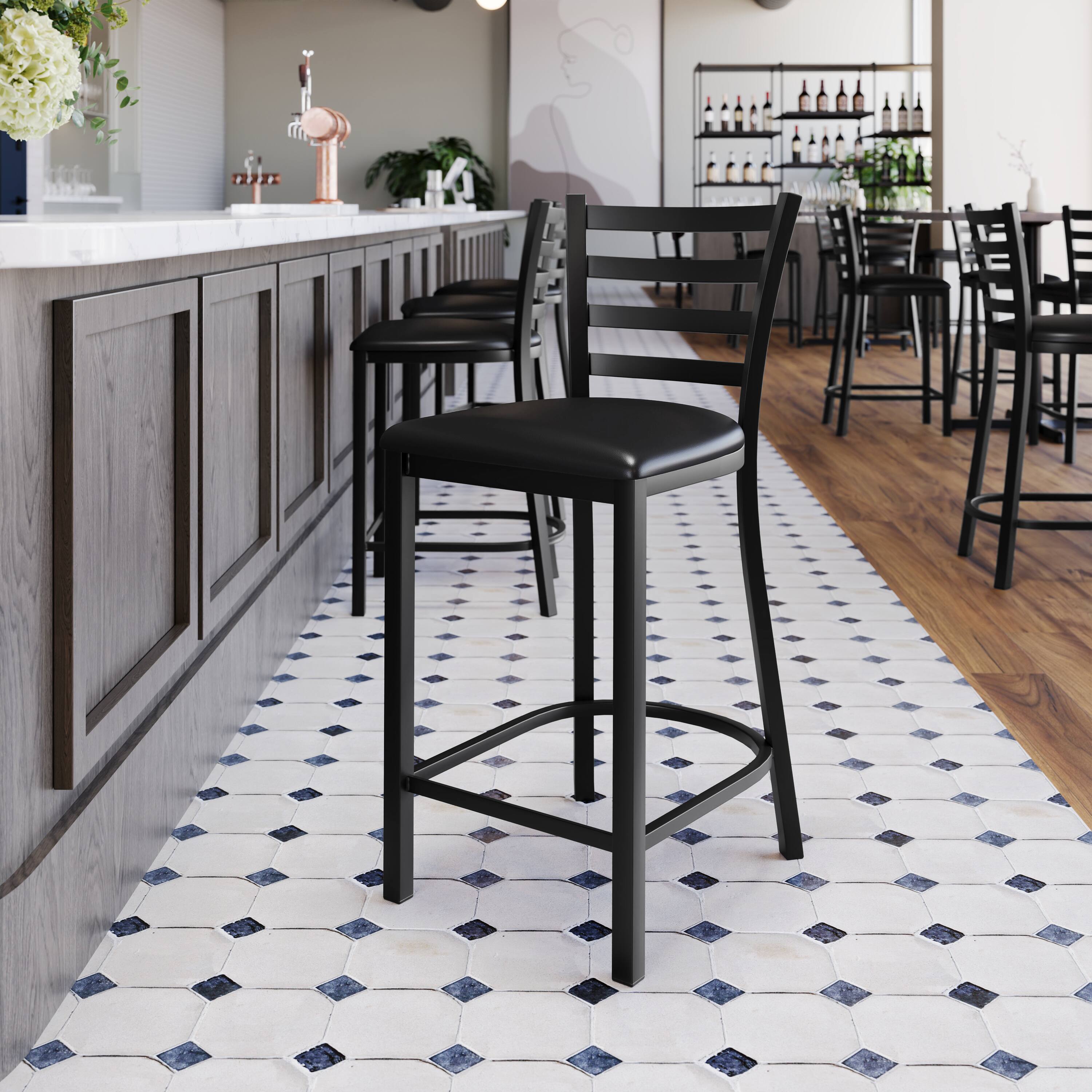 Alt View 5. Emma + Oliver - 2 Pack Ladder Back Metal Restaurant Counter Stool - Upholstered Seat - Black Vinyl Seat/Black Metal Frame.