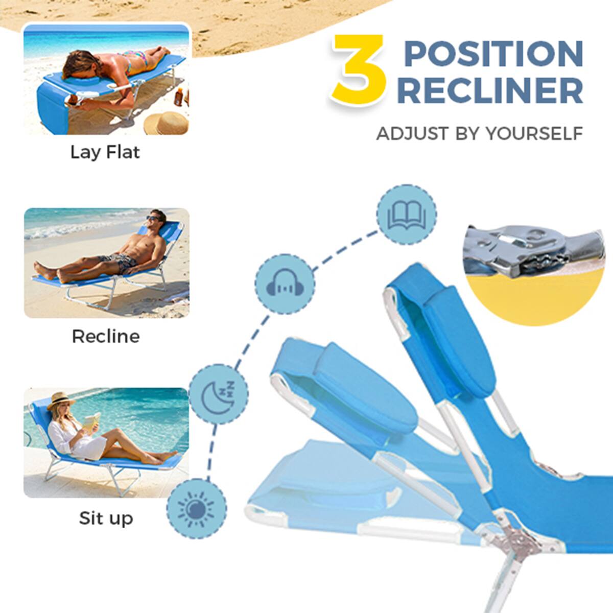 3 POSITION RECLINER  
ADJUST BY YOURSELF  

Lay Flat  
Recline  
Sit up