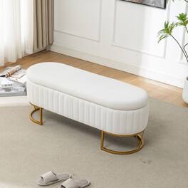 Ropilly - Velvet Storage Bench, Oval End of Bed Ottoman with Gold Legs, Entryway Bench, Three Hundred Pounds Capacity - Ivory
