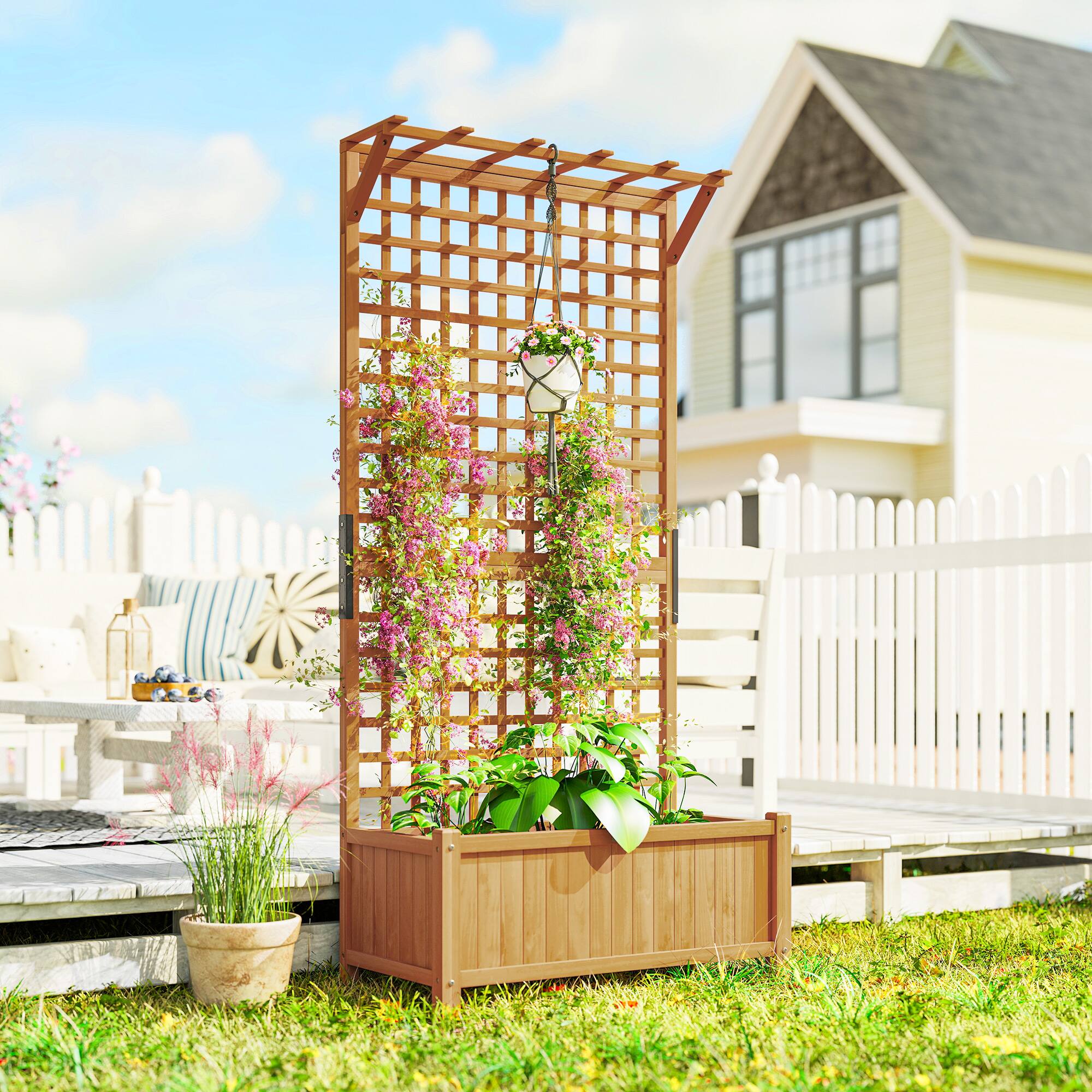 Alt View 1. Outsunny - Wood Planter with Trellis for Vine Climbing, Raised Garden Bed, Privacy Screen for Backyard - Yellow.